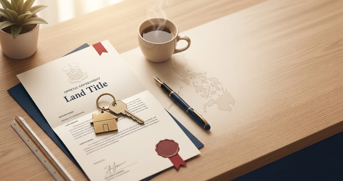 Philippine land title document on a wooden desk with house keys, fountain pen, and coffee, illustrating property title transfer.